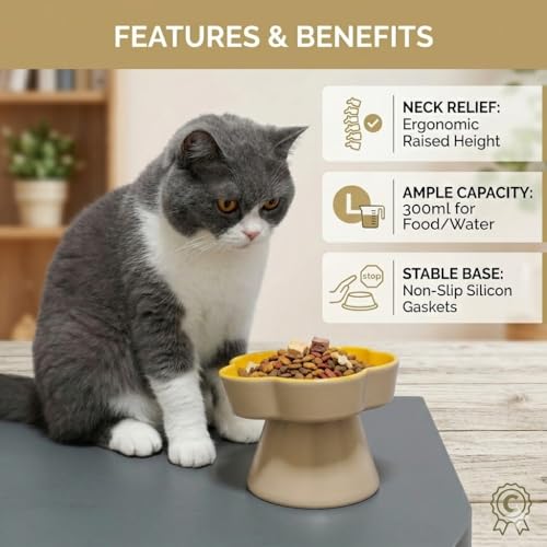 Ceramic Elevated Slow Feeder Cat Bowl (Beige/Yellow)