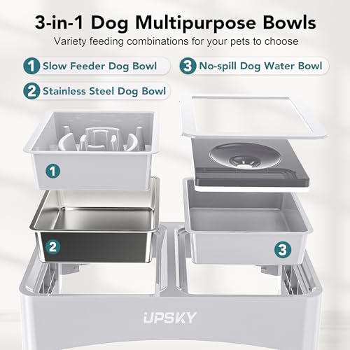 3-in-1 Elevated Dog Bowls Set with 4 Height Adjustable Stand, White (E-3-in-1 (White))