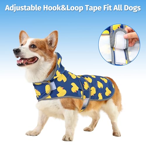 Dog Raincoat for Large Dogs Waterproof Jacket Hooded Rain Coats with Reflective Strips Leash Hole & Poncho Adjustable Fit (Blue Duck / Large)