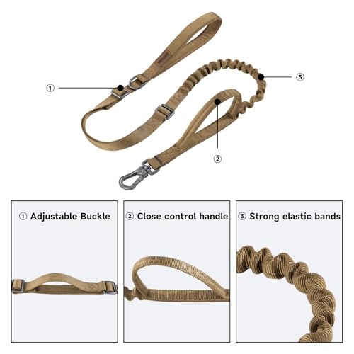 5 6FT Military Bungee Dog Leash Adjustable Elastic (Coyote Brown)
