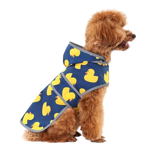 Dog Raincoat for Small Dogs Puppies Waterproof Jacket Hooded Rain Coats with Reflective Strips Leash Hole & Poncho Adjustable Fit (Blue Duck / Small)