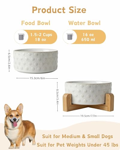 Ceramic Dog Bowl with Wood Stand (M-3.5 Cups / 07-Daisy)