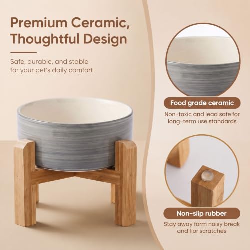 Elevated Ceramic Dog Bowl with Bamboo Stand (White Gray / 3.6Cup)