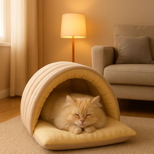 3-in-1 Detachable Winter Warm Pet Cave Bed，Soft Enclosed Cozy Cat House for Indoor Cats, Polyester Plush Fabric, Winter Pet Shelter, Small Pet Cubby, 17.7 * 11.8 * 7.5inchs,Beige (Beige / Medium)