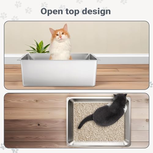 Large High Sided Stainless Steel Cat Litter Box (17.52" L x 13.58" W x 5.9" H)