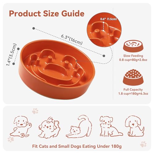 Ceramic Slow Feeder Dog Bowl (Orange / Small without Stand)