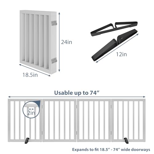Wooden Dog Gate Freestanding Foldable Pet Gate 4 Panel Fully Assembled Dog Gates for Doorways House Stairs (White / 4 Panel - 74 inches Wide)