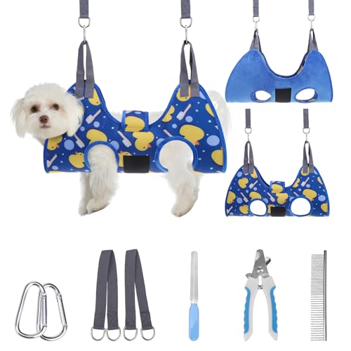 Dog Grooming Hammock Harness for Dogs & Cats with Pet Nail Clipper Trimmer (XS / Navy Blue)
