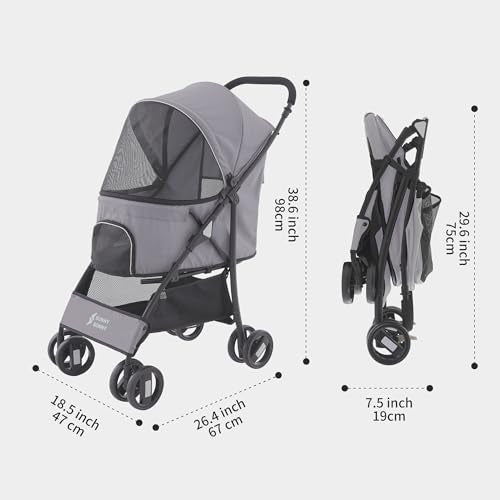 Foldable Jogger Pet Stroller with Weather Cover Storage Basket Pet Travel Carrier for S (Grey)