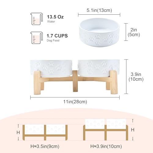 Elevated Dog Bowls Ceramic (5.1 in - 1.7 cups / Paw White)