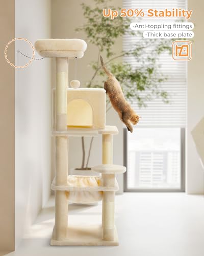 Cat Tree for Large Cats Adult with Metal Plush Big Hammock (Beige / 56.3in)