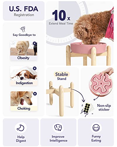 Ceramic Slow Feed Dog Bowls (Pink Bloom+Stand / M-1.5 Cups)