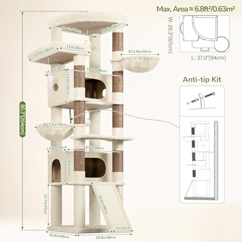 80in Tall Extra Large Heavy Duty Corner Cat Tree Tower (Beige)
