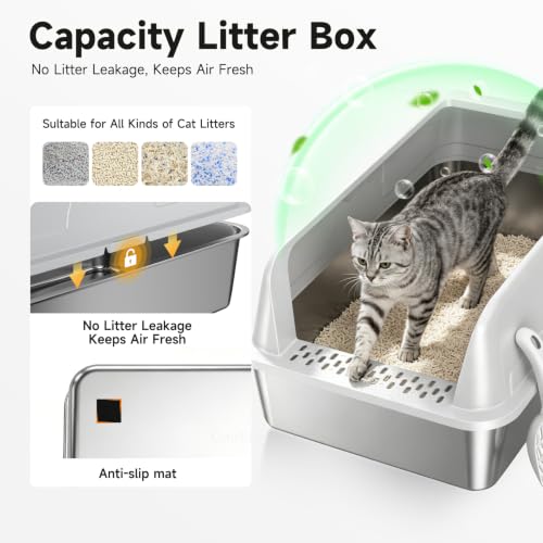 High Sided Stainless Steel XL Cat Litter Box for Cats (Grey XL)