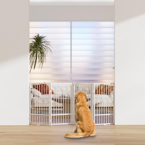 Full Metal Freestanding Dog Gate with Door (【4 Panels】80"W*36H" / White)
