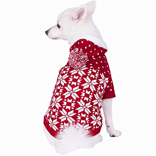 Let It Snow Classic Ugly Christmas Holiday Snowflake Pullover Hoodie Dog Sweater in Red and White (10 inch (Pack of 1) / Red Hoodie)