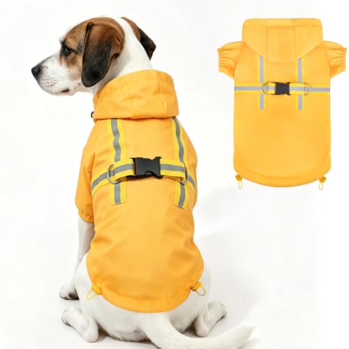 Dog Raincoat with Hood & Harness Built (L (Back 17", Chest 23", Neck 16") / Yellow)