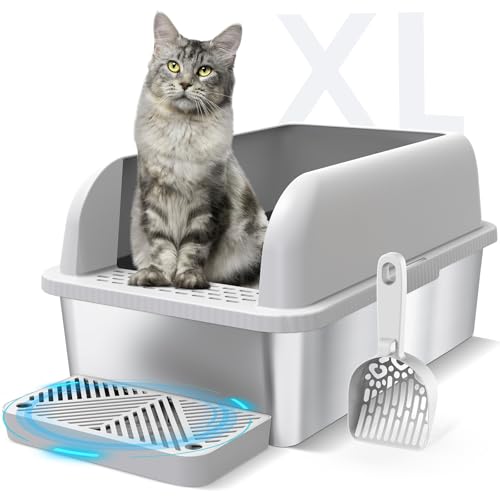 XL Enclosed Stainless Steel Cat Litter Box for Big Cats (Light Grey & Sliver / Large)