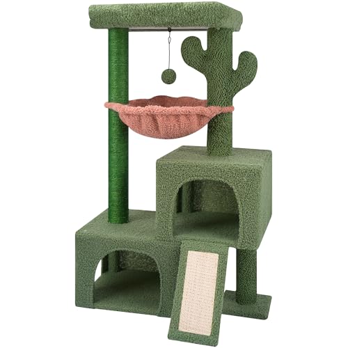 37.4" Cactus Cat Tree Tower with Twin Cat Condos for Indoor Cats (Green / 37.4'')