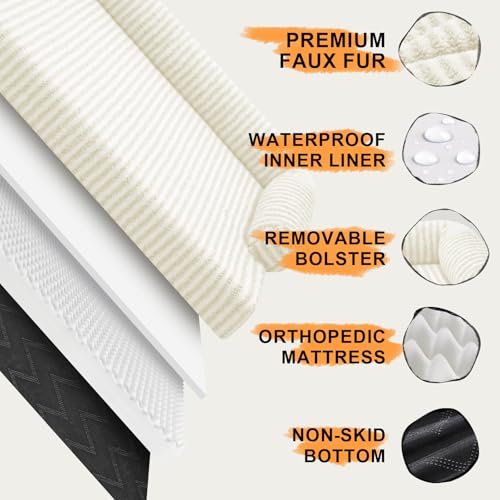 Orthopedic XL Dog Bed with Bolster for Extra Large Size Dogs (42.0"L x 30.0"W x 8.0"Th / Beige White Stripe)