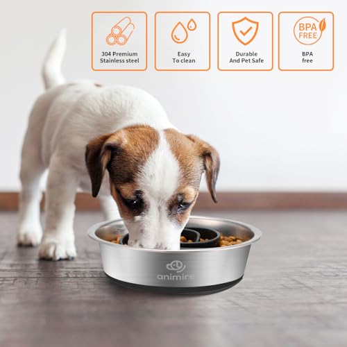 2-in-1 Metal Dog Bowl with Slow Feeder Insert, Stainless Steel Dog Bowls Food Grade 304, Water Food Bowl with Anti-Slip Silicone Base for Small, Medium, Large Dogs (1 Cup / Black)