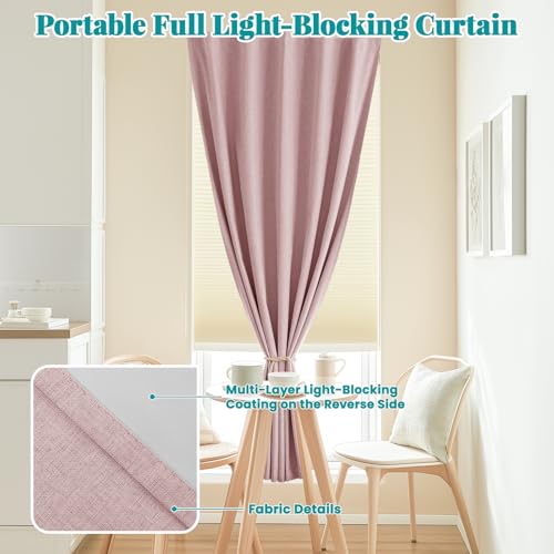 100% Blackout Self Adhesive Portable Curtains for Bedroom Easy to Install Window Thermal Lnsulated Kitchen Room Darkening Small Window Curtains (35"W x 80"L (Pack of 1) / Light Pink)