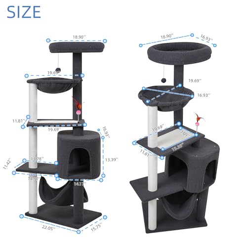 Cat Tree with Cat Condo Scratch Posts Scratch Tablet and Big Hammock (60.2'' Grey)