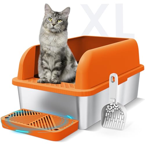 XL Enclosed Stainless Steel Cat Litter Box for Big Cats (Orange & Sliver / Large)