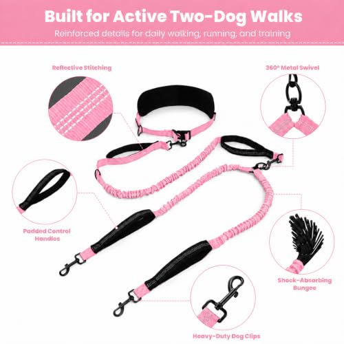 Hands Free Double Dog Leash (Pink)