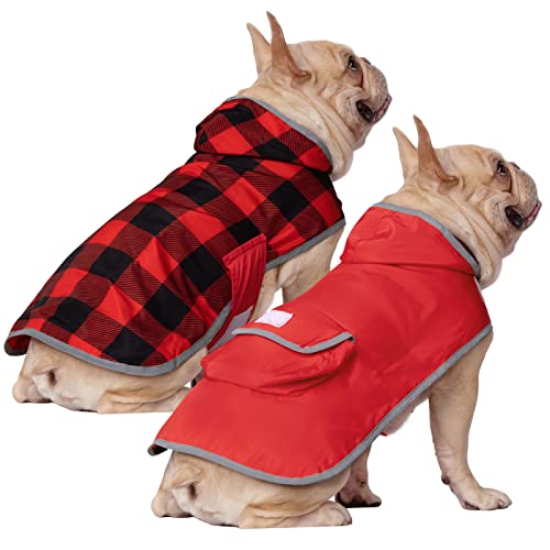2-in-1 Reversible Dog Raincoat Hooded Poncho Rain Jacket Red Plaid M (Medium / Buffalo Plaid / Red)