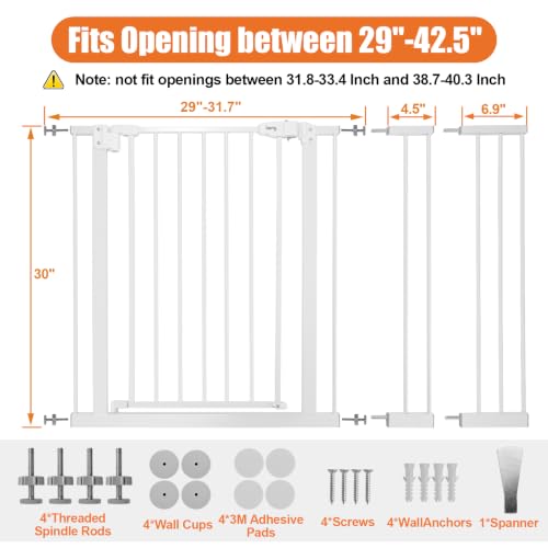 29" 42.5" Baby Gate for Stairs (White / 29-42.5"Wide, 30"Tall)