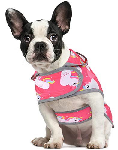 Clear Hooded Dog Raincoat Jacket Poncho with Dog Leash Hole Pink S (Small / Unicorn Ducks Pink)