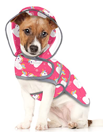 Clear Hooded Dog Raincoat Jacket Poncho with Dog Leash Hole Pink M (Medium / Unicorn Ducks Pink)
