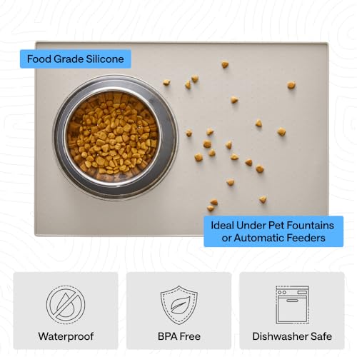 Dog Food Mat 100% Waterproof Silicone (Beige / 32"l X 24"w)