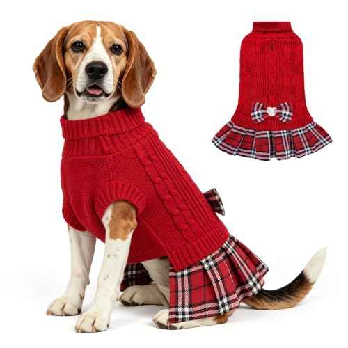 Small Dog Sweater Dress with Bowtie Turtleneck (XX-Large (30-45lbs) / Red)