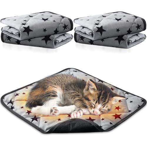4 Pack Self Warming Cat Bed Self Heating Cat Mat Star Pattern Soft Dog Crate Pad Thermal Pet Mat Anti Slip Kennel Dog Washable Warming Bed for Outdoor Indoor (12 x 12 Inch / Gray)