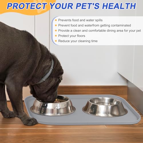 Waterproof Silicone Pet Food Mat with Raised Edge for Dog & Cat (Light Gray / 22"L x 14"W)
