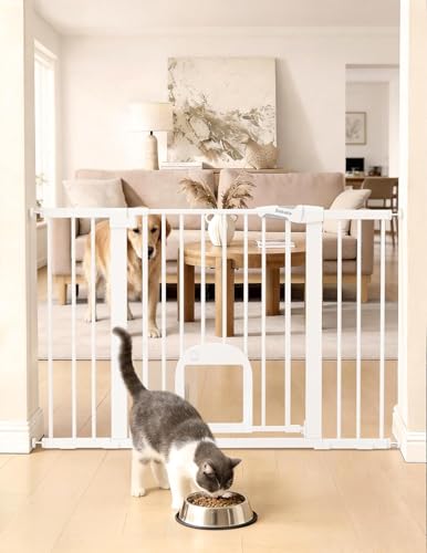 Extra Wide Dog Gate with Cat Door (White / 29-48" Wide, 30" Tall)