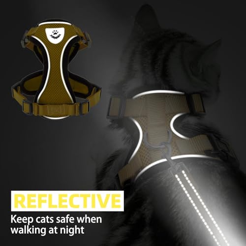 Cat Harness and Leash Set Escape Proof Reflective Cat Walking Harness Adjustable Soft Breathable Mesh Vest for Small Pets (S (NECK 9.5"-11", CHEST 13"-16") / Yellow)