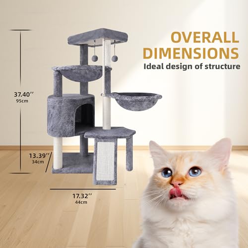 Three Layer Cat Tree with Cat Condo and Two Hammocks (Small / Grey)