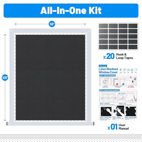 Linen Blackout Curtains for Bedroom Portable 105"×58" Blackout Window Cover (Black / 58"W x 105"H)
