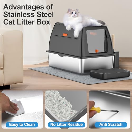 Extra Large Stainless Steel Litter Box with Lid (Black)
