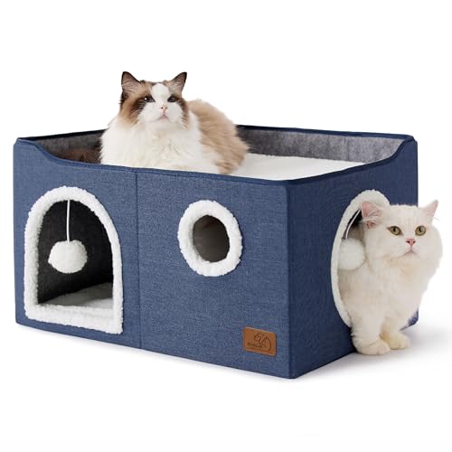 Extra Wide Cat House Bed with Fluffy Ball and Scratch Pad (Blue / Widen)