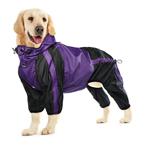 Dog Raincoat 4 Leg Waterproof Dog Rain Jacket with Hood (Purple / Large)