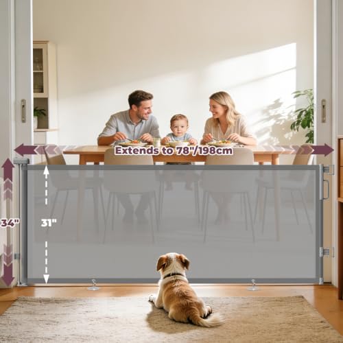 78" Retractable Extra Wide Baby Gates for Stairs (Gray / 34" Tall x 78" Wide)