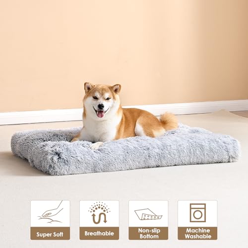 Fluffy Dog Crate Bed for Large Dogs (Grey / 35 x 23)