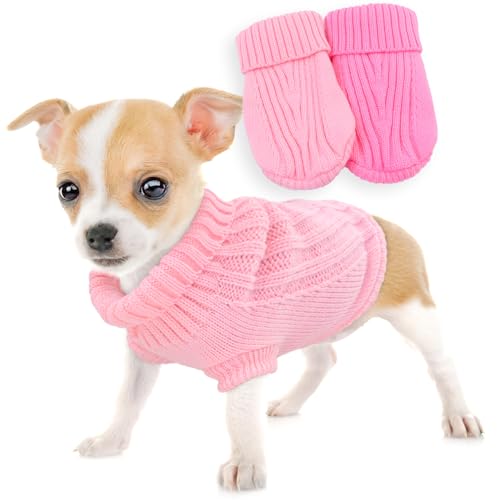 2 Pack Turtleneck Knitted Dog Sweaters for Small Dogs Girl Winter Cute Dog Clothes Warm Small Dog Sweater for Cat (Small / Pink+Light Pink)