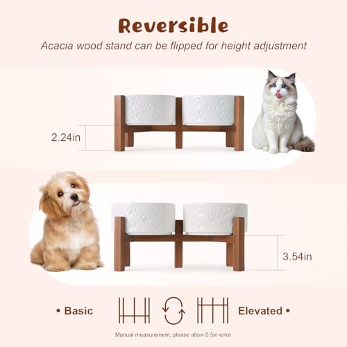 Ceramic Elevated Dog Bowl Set with Acacia Wood Stand for Food and Water for Small Medium Sized Dogs (28.74 Oz / Dog Paw White)