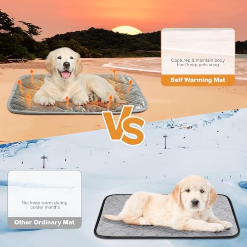 4 Pack Self Warming Cat Mat Self Heating Cat Pad Warm Thermal Pet Bed Washable Dog Crate Pad Body Heat Dog Bed Mat Blanket Non Slip Bottom for Outdoor Indoor Pets (16 x 20 Inch / Grey,Camel)
