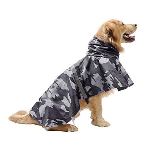 Large Dog Camouflage Raincoat Ajustable Pet Waterproof Clothes Lightweight Rain Jacket Poncho Hoodies with Strip Reflective (Gray / M)